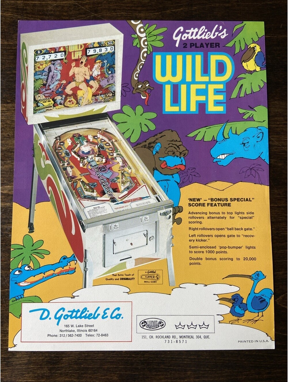 Gottlieb Wild Life Arcade Pinball FLYER Original Ad Promo Poster Not PCB